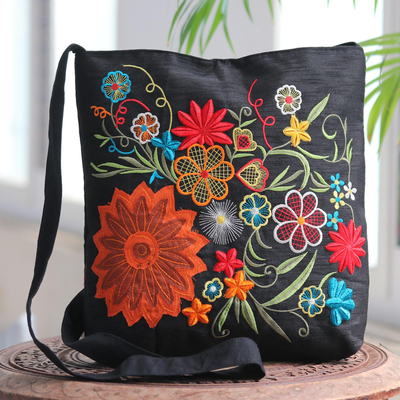 Embroidered cotton blend shoulder bag, Tropical Paradise