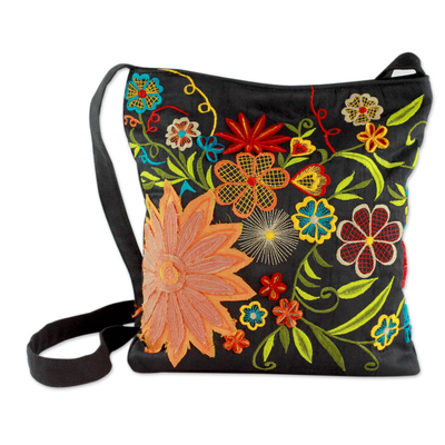 Unique Embroidered Black Zipper Shoulder Bag with Colorful Flowers