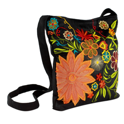 Embroidered cotton blend shoulder bag, 'Tropical Paradise' - Floral Embroidery on Black Cotton Blend Shoulder Bag