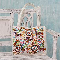 Embroidered Flowers and Birds on White Shoulder Bag - Happy Paradise ...
