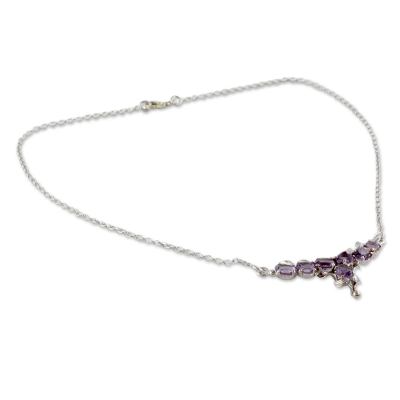 Amethyst flower necklace, 'Lavender Bloom' - 3.5 Cts Amethyst and Sterling Silver Necklace Floral Jewelry