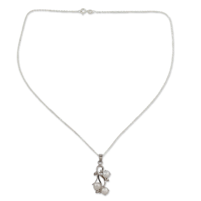 Cultured pearl pendant necklace, 'Mystic Fruit' - Sterling Silver and White Pearl Necklace from India
