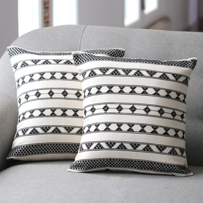 Cotton cushion covers, 'Traditional Geometry' (pair) - Handcrafted Geometric-Patterned Cotton Cushion Covers (Pair)