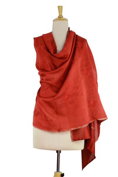 Cotton and silk blend shawl, 'Lucknow Coral' - Embroidered Cotton and Silk Blend Shawl Wrap