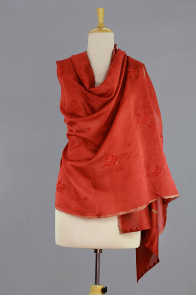 Cotton and silk blend shawl, 'Lucknow Coral' - Embroidered Cotton and Silk Blend Shawl Wrap