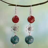 Carnelian dangle earrings, 'Delhi Blossom' - Carnelian and Agate Gemstone Floral Earrings from India