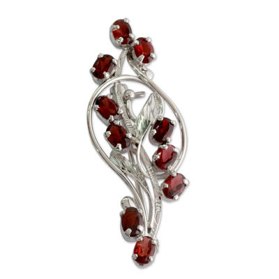 Garnet floral brooch pin, 'Elegant Passion' - Floral Garnet and Sterling Silver Brooch Pin from India