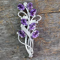 Amethyst floral brooch pin, 'Mystic Bouquet' - Artisan Jewelry Amethyst and Sterling Silver Brooch Pin