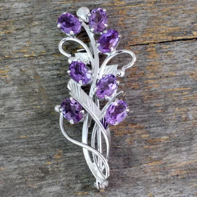 Amethyst floral brooch pin, 'Mystic Bouquet' - Artisan Jewelry Amethyst and Sterling Silver Brooch Pin