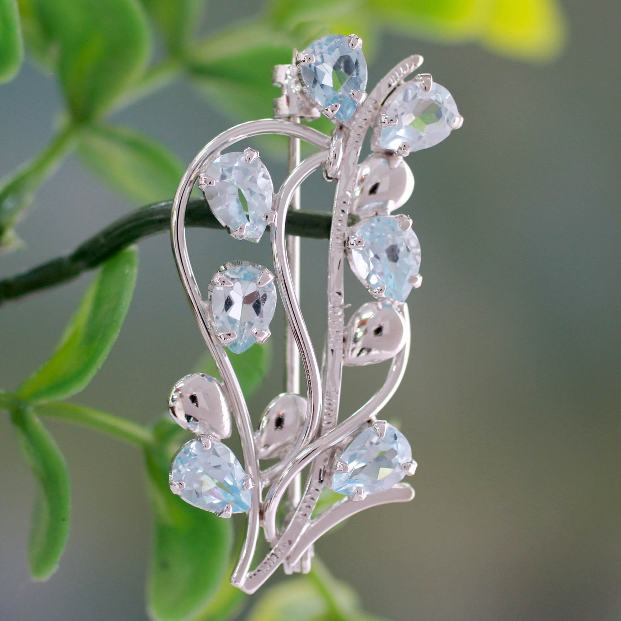 Fair Trade Blue Topaz and Sterling Silver Brooch Pin, 'Sky Bouquet'