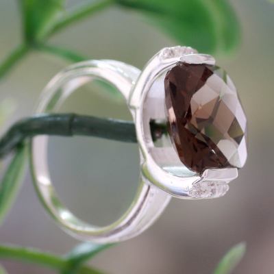 Smoky quartz cocktail ring, 'Mumbai Mist' - 3.5 Carat Smoky Quartz Silver Ring with Cubic Zirconia