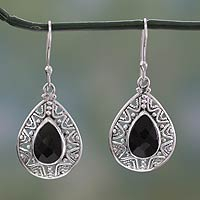 Onyx dangle earrings, 'Timeless Ganges' - Fair Trade Onyx and Sterling Silver Hook Earrings