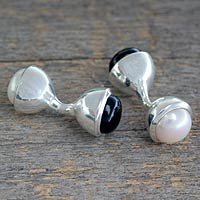 Cultured pearl and onyx cufflinks, 'Midnight Rose' - Onyx and Cultured Pearl Cufflinks from India