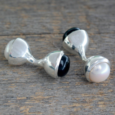Cultured pearl and onyx cufflinks, 'Midnight Rose' - Onyx and Cultured Pearl Cufflinks from India