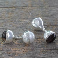 Cultured pearl and smoky quartz cufflinks, 'Luminous Mist' - Smoky Quartz and Cultured Pearl Silver Cufflinks