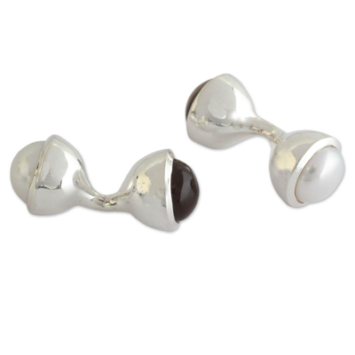 Gemelos de perlas cultivadas y cuarzo ahumado - Gemelos de Cuarzo Ahumado y Perla Cultivada en Plata