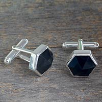 Modern Sterling Silver and Onyx Cufflinks from India,'Be a Star'