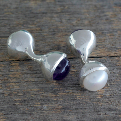 Cultured pearl and amethyst cufflinks, 'Purple Glow' - Amethyst and Cultured Pearl Cufflinks from India