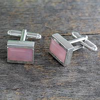 Chalcedony cufflinks, 'Opportunity' - Indian Silver Cufflinks with Pink Chalcedony