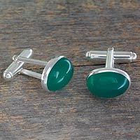 Onyx cufflinks, 'To Dream' - Sterling Silver and Green Onyx Cufflinks