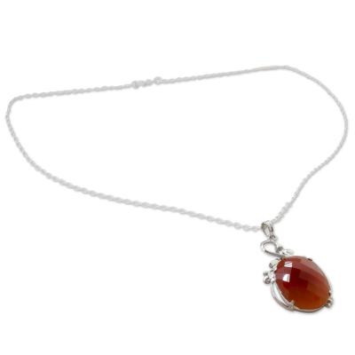 Carnelian pendant necklace, 'Sunset Garden' - Handcrafted Rhodium Plated Silver Necklace with Carnelian