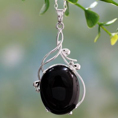 Onyx pendant necklace, 'Midnight Glow' - Handcrafted Rhodium Plated Silver Necklace with Onyx