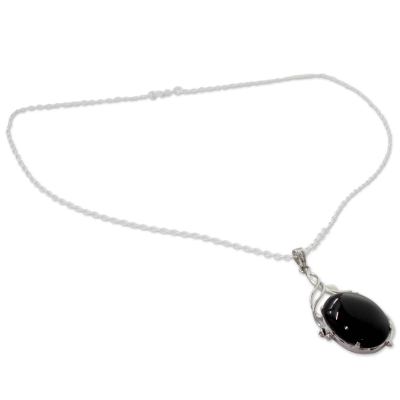 Onyx pendant necklace, 'Midnight Glow' - Handcrafted Rhodium Plated Silver Necklace with Onyx