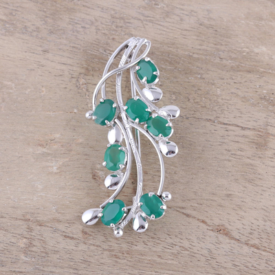 Sterling silver floral brooch pin, 'Spellbound' - Artisan Crafted Green Onyx and Sterling Silver Brooch Pin