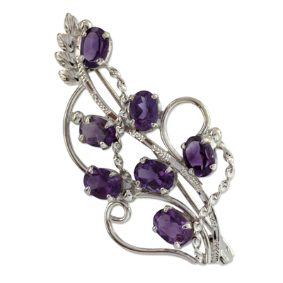 Amethyst floral brooch pin, 'Lilac Story' - 7 Carats Amethyst Sterling Silver Indian Brooch Pin