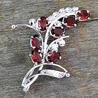 Garnet floral brooch pin, 'Spectacular' - 7 Carats Garnet and Sterling Silver Brooch Pin from India