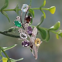 Multi gemstone brooch pin, 'Rainbow Bouquet' - Fair Trade Multi Gemstone and Sterling Silver Brooch Pin