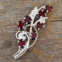 Garnet floral brooch pin, 'Floral Passion' - Garnet and Sterling Silver Floral Brooch Pin from India