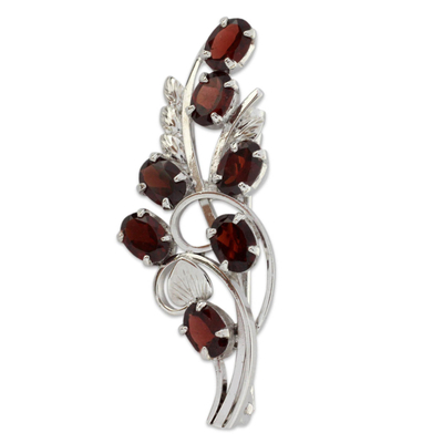 Garnet and Sterling Silver Floral Brooch Pin from India