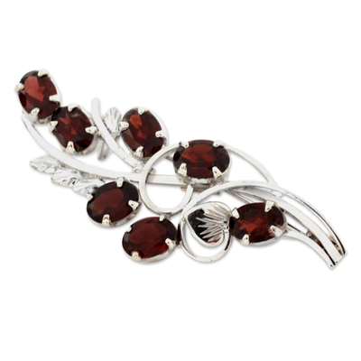 Garnet floral brooch pin, 'Floral Passion' - Garnet and Sterling Silver Floral Brooch Pin from India
