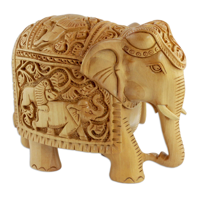 Wood sculpture, 'The Elephant and the Lion' - Detailed Handcarved Wood Sculpture from India