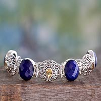 Lapis and citrine link bracelet, 'Royal Lace' - Indian Lapis Lazuli and Citrine Silver Jali Bracelet