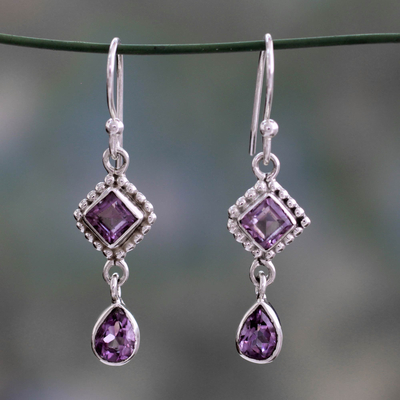 Amethyst dangle earrings, 'Purple Spark' - Artisan Crafted Sterling Silver and Amethyst Earrings