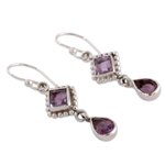 Amethyst dangle earrings, 'Purple Spark' - Artisan Crafted Sterling Silver and Amethyst Earrings