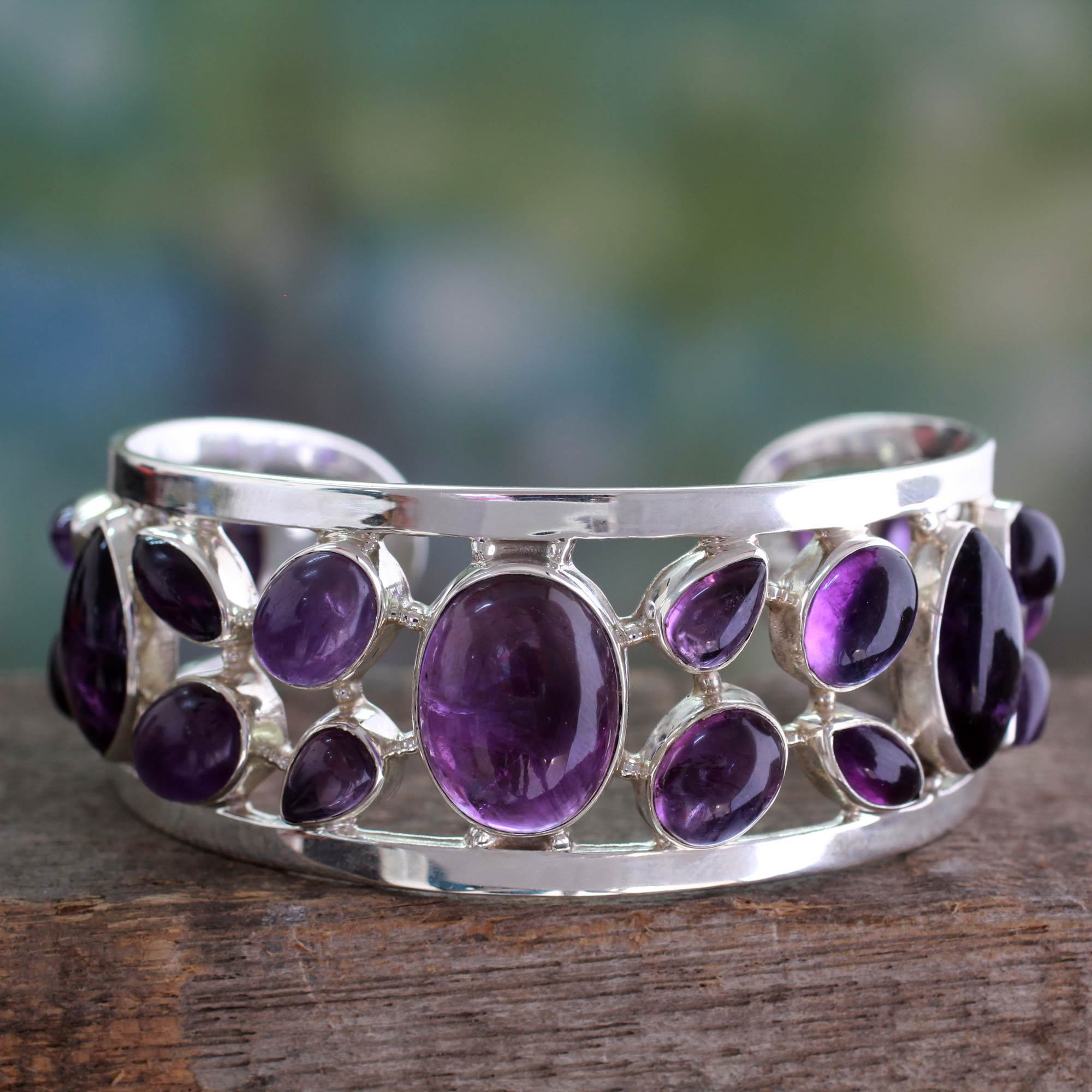 Amethyst Studded Sterling Silver Cuff Bracelet from India - Purple