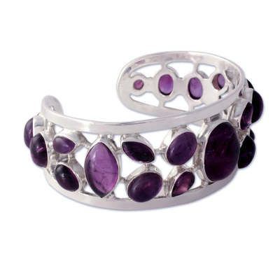 Amethyst cuff bracelet, 'Purple Harmony' - Amethyst Studded Sterling Silver Cuff Bracelet from India
