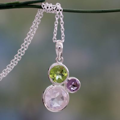 Rose quartz, peridot and amethyst pendant necklace, 'Enchanting Trio' - Rose Quartz Amethyst and Peridot Pendant Necklace