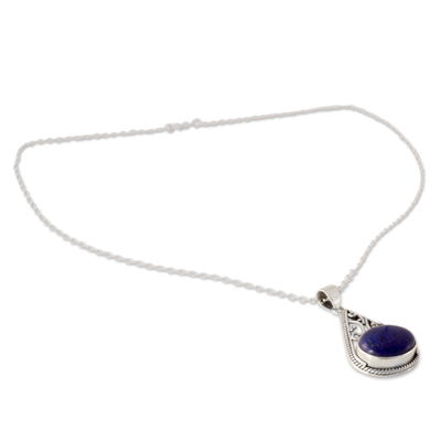 Lapis lazuli pendant necklace, 'Royal Grandeur' - Indian Jali Style Silver Pendant Necklace with Lapis Lazuli