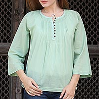 Cotton voile tunic, 'Mandala Green' - Handcrafted Indian Cotton Boho Chic Solid Green Tunic Top