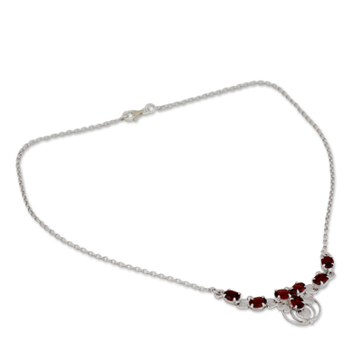 Garnet pendant necklace, 'Crimson Flourish' - Ornate Garnet and Sterling Silver Pendant Necklace