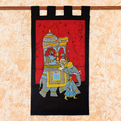 Cotton batik wall hanging, 'Royal Outing' - Handmade Indian Cotton Batik Elephant Wall Hanging
