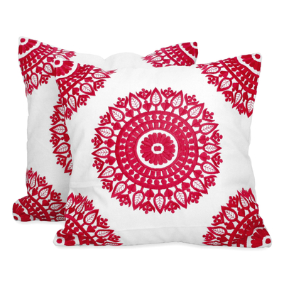 Cotton cushion covers, 'Hot Pink Mandalas' (pair) - Indian Pink Square Cotton Cushion Covers (Pair)