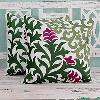 Cotton cushion covers, 'Magenta Blooms' (pair)