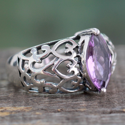 Amethyst cocktail ring, 'Love Sonnet' - Marquise Amethyst Single Stone Silver Ring from India