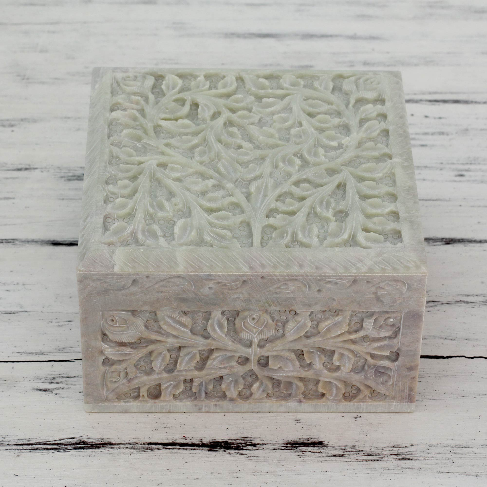 Hand Carved Natural Soapstone Jewellery Box from India - Leafy 