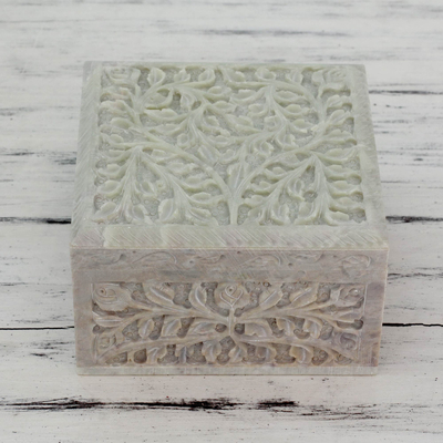 Soapstone jewelry box, 'Leafy Bower' - Hand Carved Natural Soapstone Jewelry Box from India